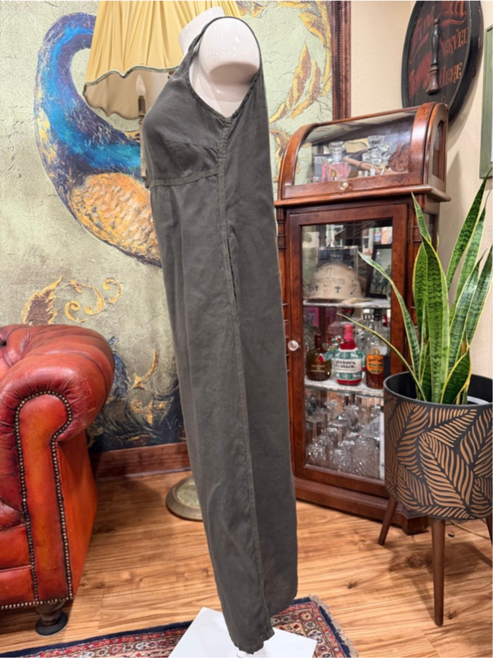 POSTCARD Italy Linen Midi Dress Army Green Button Front Boho Coastal Minimalist - Picture 4 of 12